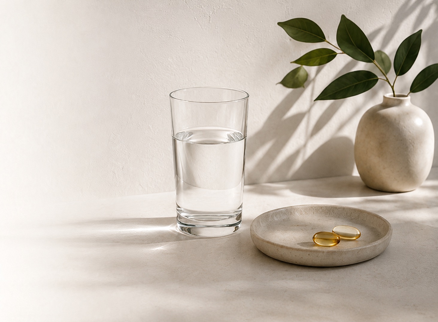 Glass of water beside a ceramic tray with two supplement capsules in warm light